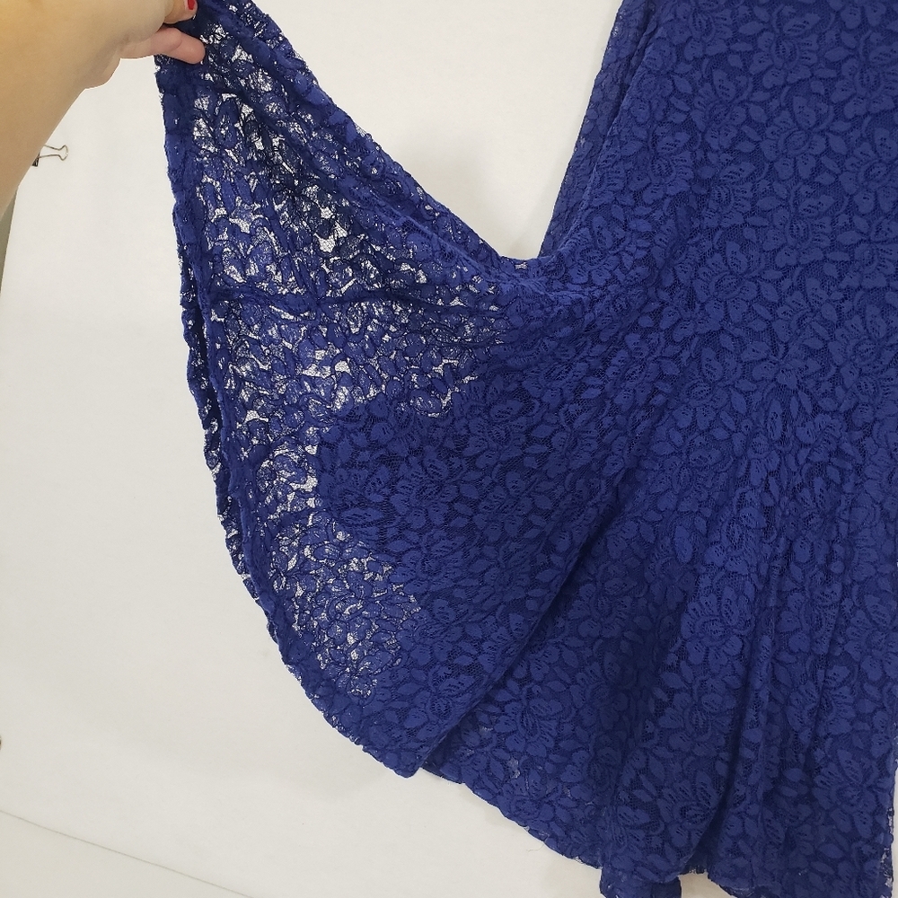 H&M Royal Skater Dress  blue lace overlay mini flowy long sleeved Fit & Flare - Picture 2 of 8